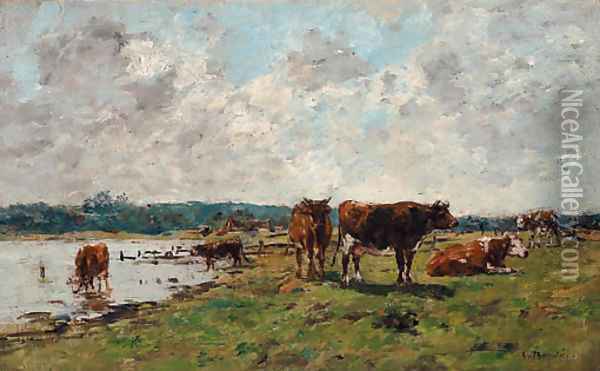 Vaches au bord de la Touques Oil Painting - Eugene Boudin