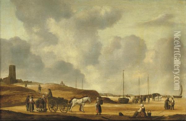 Fisherfolk On The Beach Of Egmond Aan Zee Oil Painting - Willem Gillisz. Kool