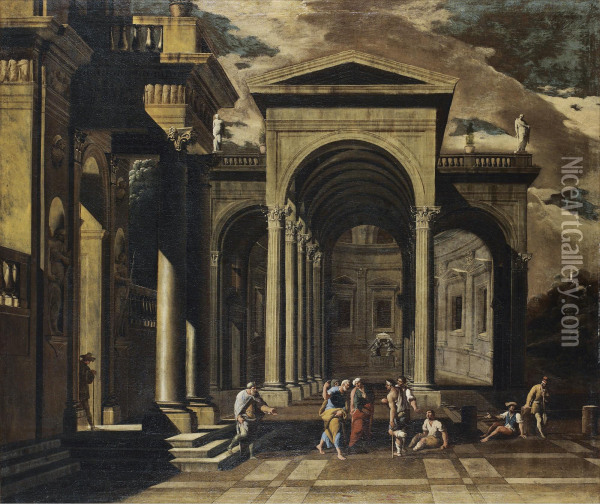 A Capriccio Of The Exterior Of An Elaborate Palace With Saint Peter Healing The Lame Oil Painting - Viviano Codazzi