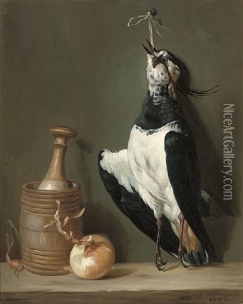 A Lapwing Suspended From A Nail With An Onion Oil Painting - Jean-Gaspard Heilmann
