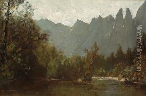 Cathedral Spires From Along The Merced River, Yosemite Valley Oil Painting - Thomas Hill