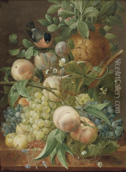 Grapes, Peaches, Berries And Other Fruit With A Bird Near A Sculpted Vase, All On A Marble Ledge Oil Painting - Jan Frans Eliaerts