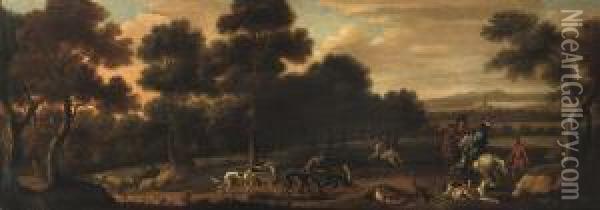 A Hunting Party In A Wooded Landscape Oil Painting - Jacques Van Wijck