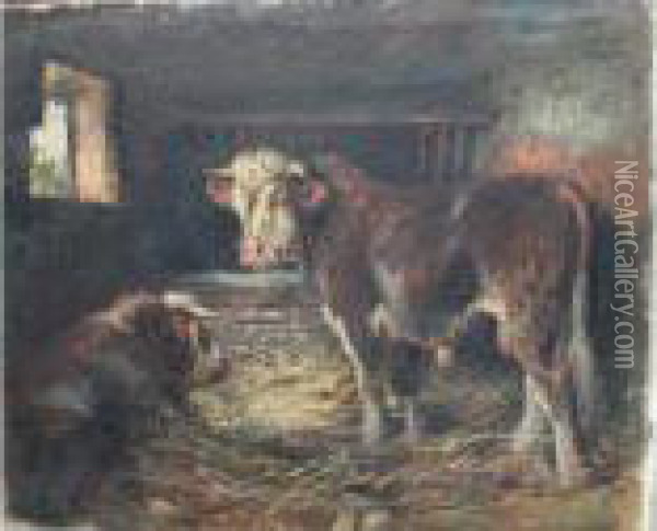 Vaches A L'etable Oil Painting - Raymond Louis Lecourt