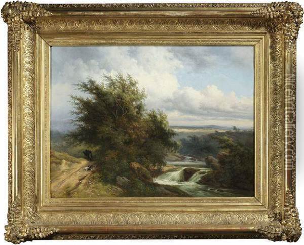 Weite Flusslandschaft Bei Heranziehendem Sturm Oil Painting - Gerard Antoine Crehay