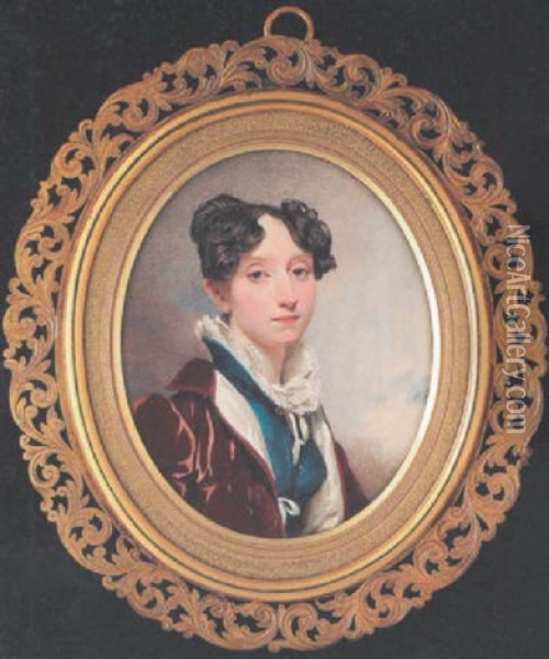 A Lady Wearing Crimson Velvet Coat Over Blue Dress With High Collar, Her Dark Brown Hair Curled And Secured In A Top-knot Oil Painting - Andrew Robertson