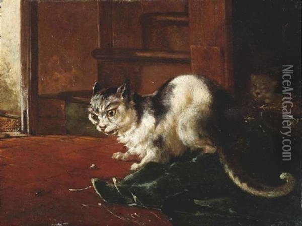 Eine Katze Beobachtet Neugierig Einen Kafer Oil Painting - Horatio Henry Couldery