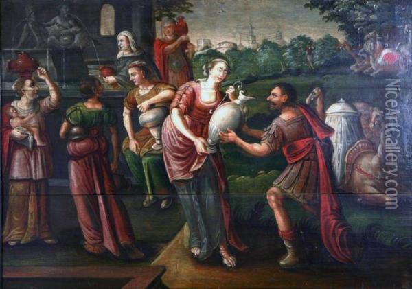 Eliezer Moter Rebecka Vid Brunnen Oil Painting - Frans II Francken