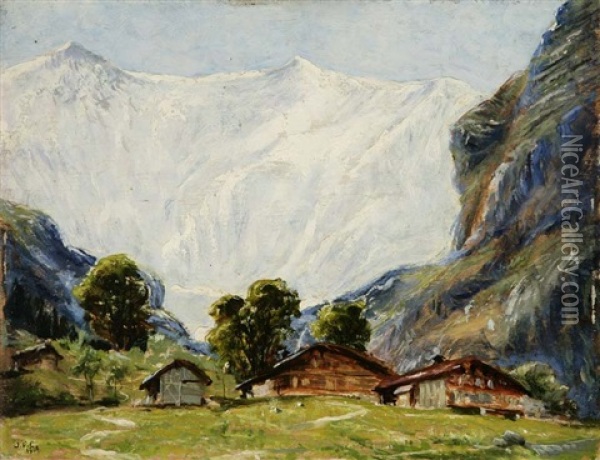Cottages In A Mountainous Landscape Oil Painting - John Fabian Carlson