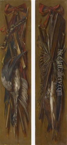 Trophaen Mit Erlegtem Reiher Und Fischen (+ Another; Pair) Oil Painting - Franz Seraph von Lenbach