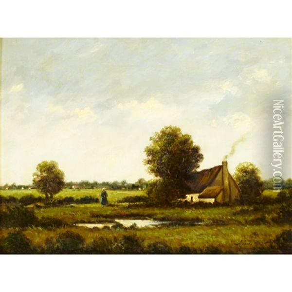 Woman By A Farm In The Barbizon Countryside Oil Painting - Leon Richet