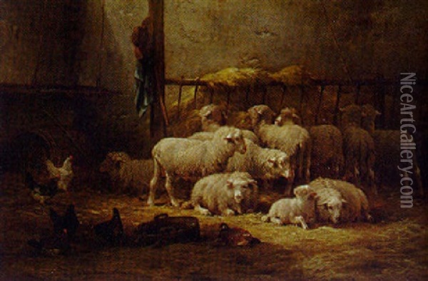 Nestling Sheep Oil Painting - Cornelis van Leemputten