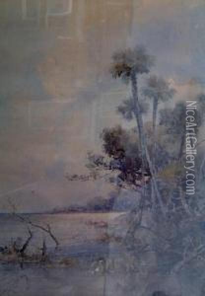 Palms At Water's Edge Oil Painting - Prosper Louis Senat