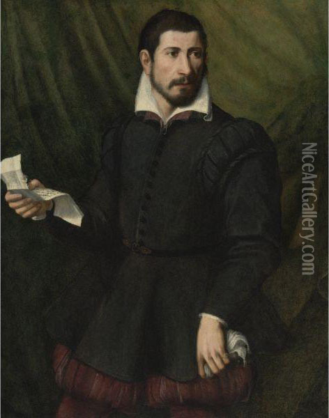 Portrait Of A Man Holding A Letter Oil Painting - Rancesco De' Rossi (see Salviati, Cecchino Del)