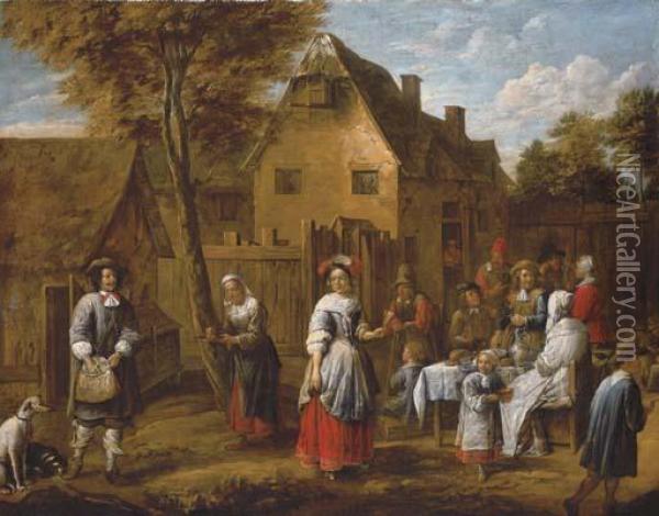 Elegant Figures Gathering Around A Table In A Courtyard Oil Painting - Gillis van Tilborgh