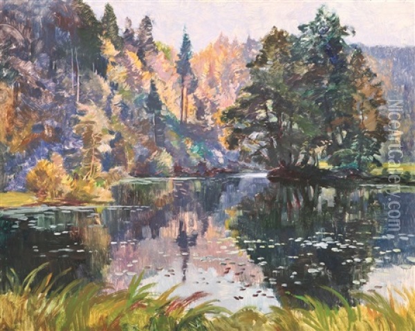U Jezera Oil Painting - Antonin Hudecek