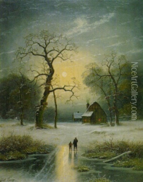 Winterlandschaft Bei Mondlicht Oil Painting - Johann Gustav Lange