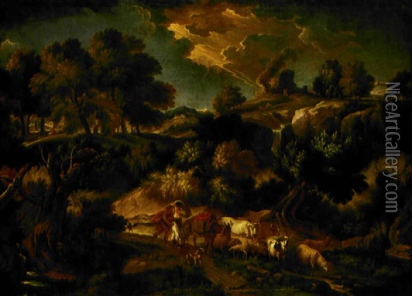 Paesaggio In Tempesta Con Pastori E Armenti Oil Painting - Pieter Mulier the Younger