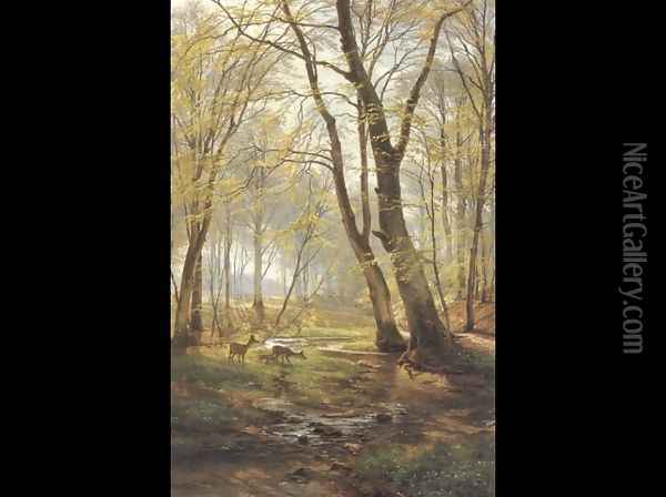 A Woodland Scene With Deer (or A Grassy Knoll) Oil Painting - Carl Frederick Aagaard
