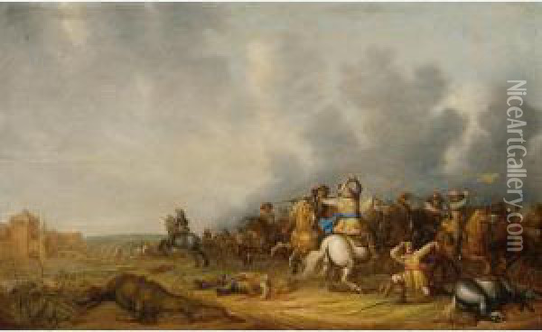 A Cavalry Skirmish With A Siege Of A Town Beyond Oil Painting - Abraham van der Hoef
