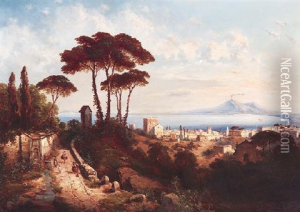 Blick Auf Castellamare Und Den Vesuv Am Golf Von Neapel Oil Painting - Albert Flamm