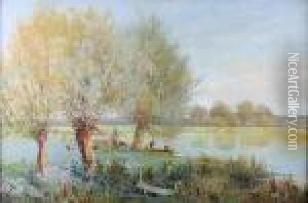 Bushey, Hertfordshire, With 
Figures By The Banks Of The Thames, And Another Similar With Figures 
Picnicking, A Pair Oil Painting - Thomas E. Mostyn
