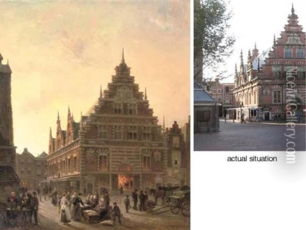 Marketday Outside The Vleeshal, Haarlem Oil Painting - Cornelis Christiaan Dommersen