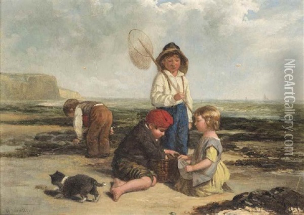 Children Rockpooling Oil Painting - William Hemsley