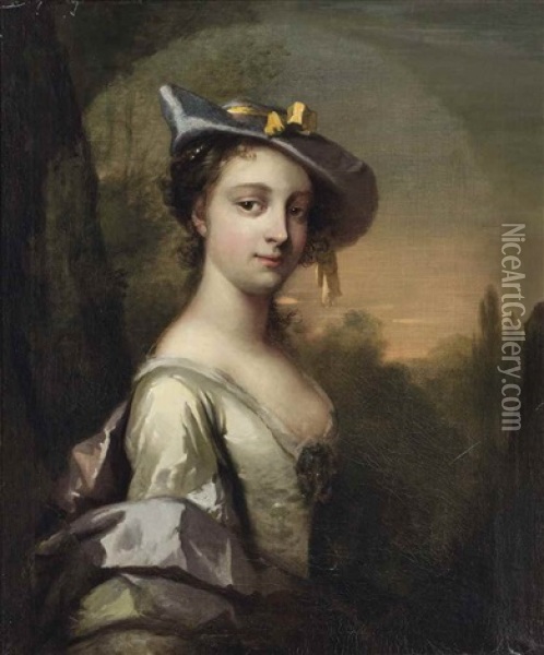 Portrait Of A Lady Traditionally Identified As Miss Marsh, Half-length, In A White Dress With A Hat, In A Landscape Oil Painting - Joseph Highmore