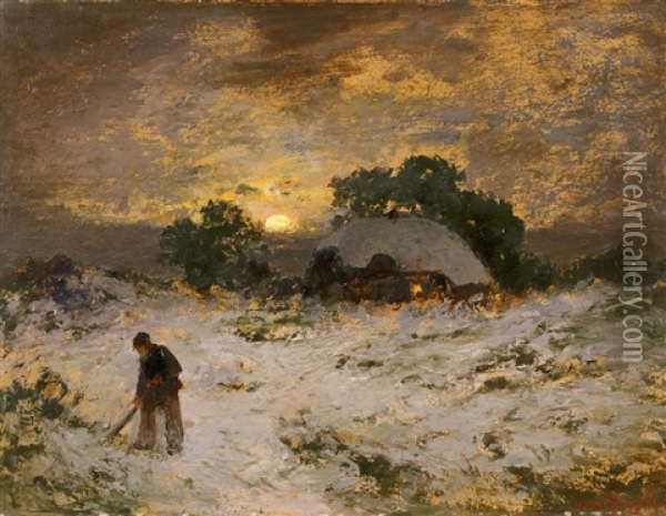 Winterlandschaft Bei Sonnenuntergang Oil Painting - Louis Douzette