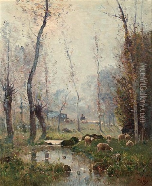 Sheep And Shepherd In A Misty Landscape Oil Painting - Louis Aime Japy