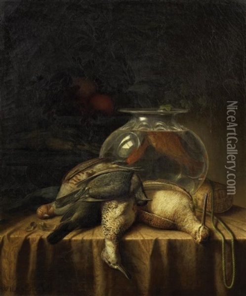 Stillleben Mit Vogeln, Goldfischen Und Obst Im Hintergrund Oil Painting - Peter Joseph Wilms