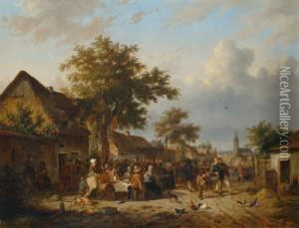 Dorfliches Strassenfest. 
Signiert Unten Links: C. Van Leemputten. Ol Auf Leinwand (doubliert). H 
63; B 83 Cm. Oil Painting - Cornelis van Leemputten