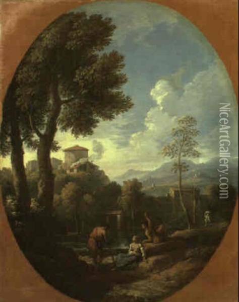 Italianate Landscape With Classical Figures Beside A Lake Oil Painting - Jan Frans van Bloemen