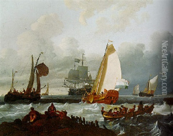 State Yacht And Other Small Dutch Vessels In A Choppy Sea Oil Painting - Ludolf Backhuysen the Elder