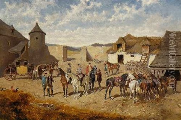 Reiter Und Postkutsche In Einem Gehoft Oil Painting - Alexander Ritter Von Bensa