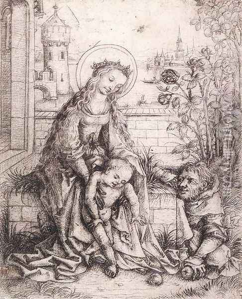 The Holy Family with the Rose-bush c. 1490 Oil Painting - Master of the Housebook