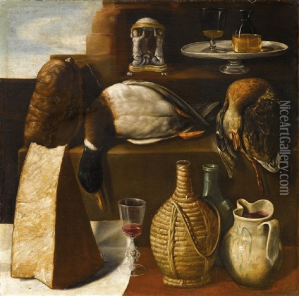 Still Life With Fowl, Cheese And A Wine Jug Oil Painting - Paolo Antonio Barbieri
