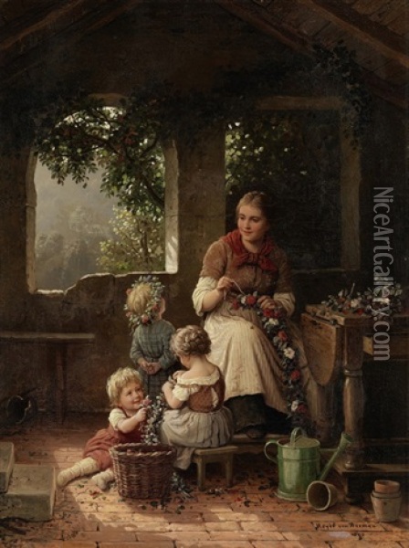 Junge Frau Und Drei Madchen Beim Binden Von Blumengirlanden Oil Painting - Johann Georg Meyer von Bremen