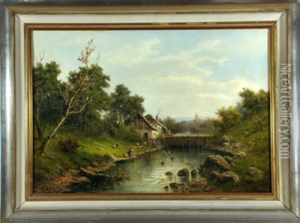 Wassermuhle Mit Wascherin Am Flussufer Oil Painting - Julius Karl Rose