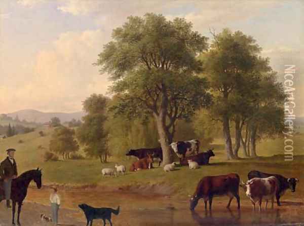 Cows Watering Oil Painting - Thomas Hewes Hinckley
