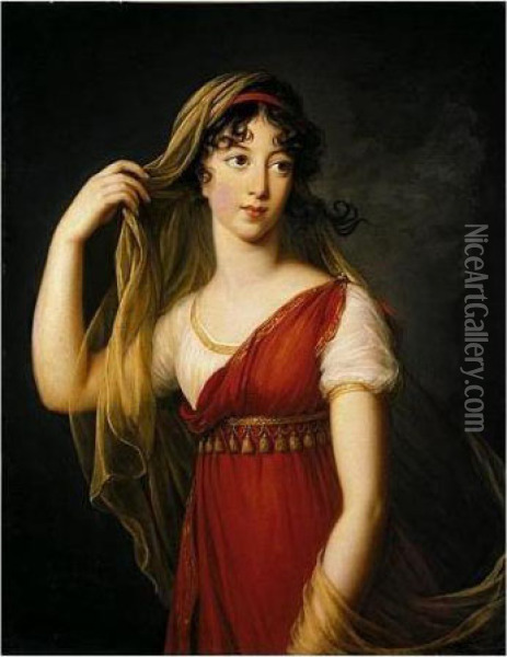 Portrait Of A Young Lady, 
Possibly The Hon. Charlotte Dillon, Three-quarter Length Standing, 
Dressed In Imperial Style With A Red Stole And A Veil Oil Painting - Elisabeth Vigee-Lebrun