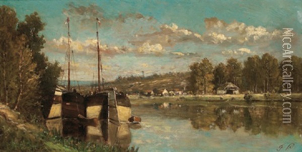 Fluslandschaft Mit Angelegten Booten Oil Painting - Florimond Palvadeau