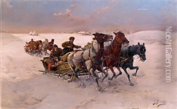 Winterliche Schlittenfahrt Oil Painting - Jan Konarski