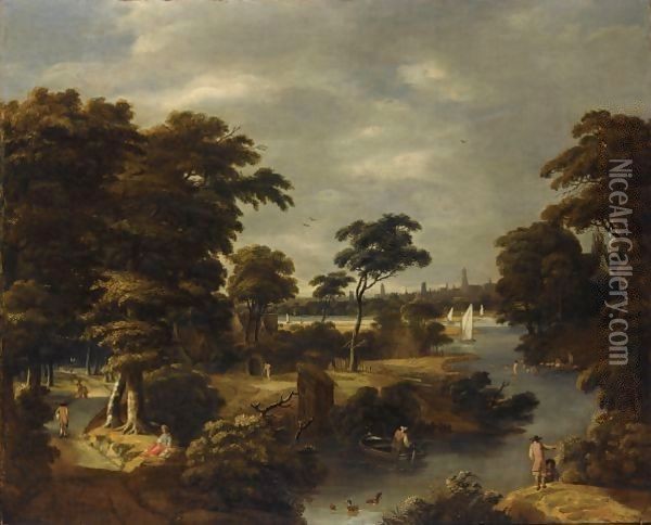 A Wooded River Landscape With Several Men Bathing, Travellers On A Path To The Left Oil Painting - Jan Looten