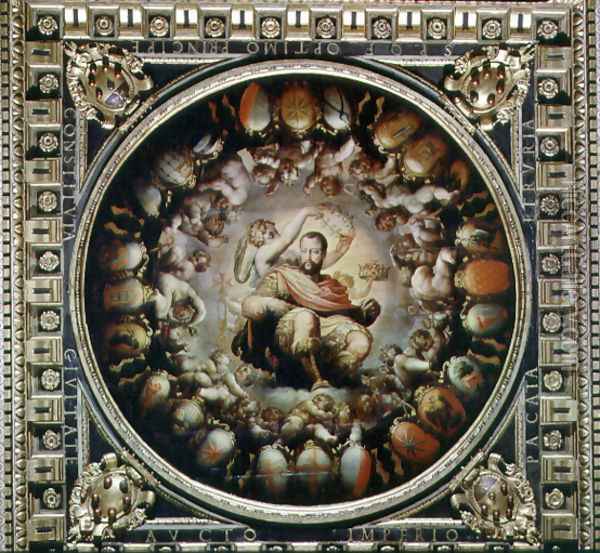 Apotheosis of Cosimo I de' Medici (1519-74) from the ceiling of the Salone dei Cinquecento, 1565 Oil Painting - Giorgio Vasari