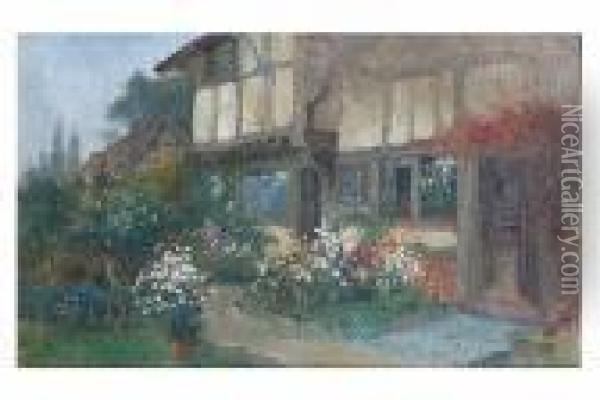 Half Timbered Country House With Rose Garden Oil Painting - Richard Wane