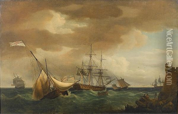 A Naval Frigate Lying Off A Fortified Tower With Smaller Craft Nearby, Possibly Plymouth Oil Painting - Thomas Whitcombe