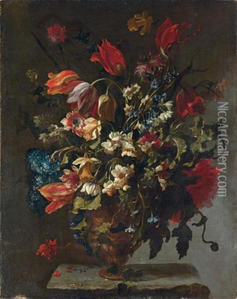 Narcissi, Daffodils, Clematis, 
Tulips, Carnations And Other Flowers In An Ornemental Vase On A Stone 
Legde Oil Painting - Mario Nuzzi Mario Dei Fiori