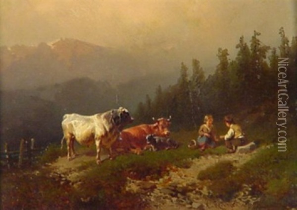 Vesperzeit. Hutejunge Und Dirndl Bei Vieh Auf Der Alm Oil Painting - August von Rentzell